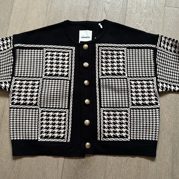 NWT sandro houndstooth pattern jules cardigan ivory/black size 1/FR 36 - Picture 9 of 12